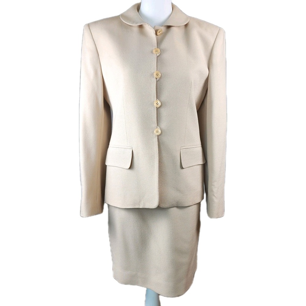 Jones New York 2pc Wool Skirt Suit Womens 6 6P Beige Vintage Career Office Y2K